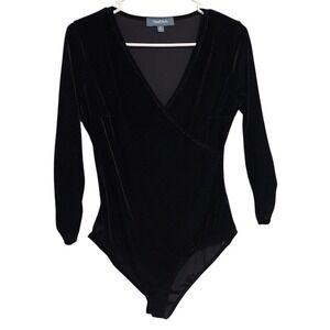 MODCLOTH Velvet Wrap Bodysuit Black Long Sleeve V-Neck‎ gothcore witchy glam M
